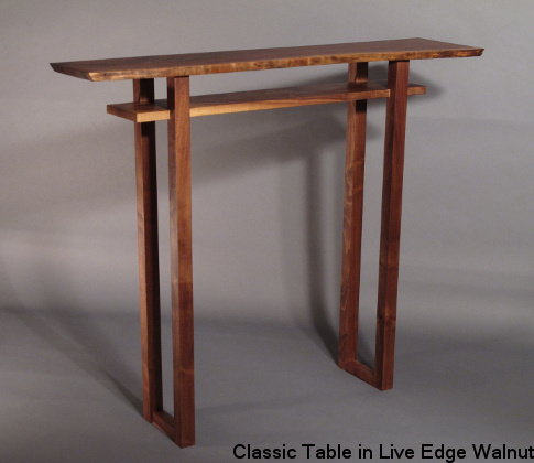 Mokuzai Furniture's signature table, the Classic Hall Table in live edge walnut.  A beautiful narrow table perfect for your narrow console table, hall table, entry table or vanity table. handmade modern wood furniture